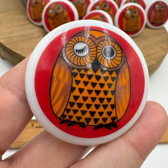 Owl vintage draw pulls knobs porcelain ceramic red orange black set of 13 made i - Picture 7 of 13